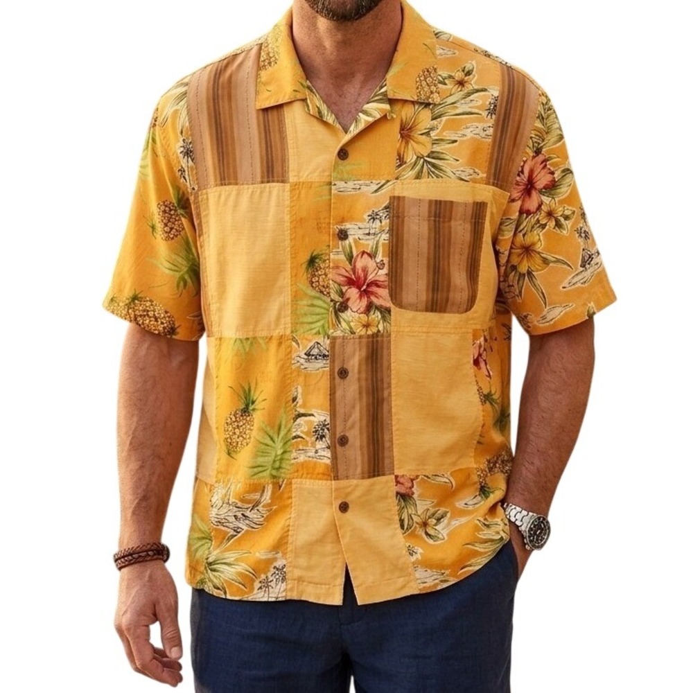 Tommy Bahama Orange Patchwork Tropical Pineapple Shirt Men's XL
